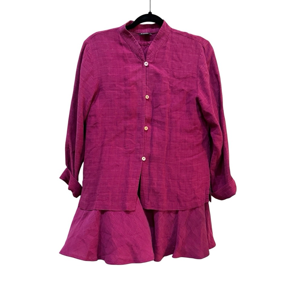 Eileen Fisher 2pc Skirt Shirt Set ‎ Pink Linen Blend Pink Purple Mandarin Collar